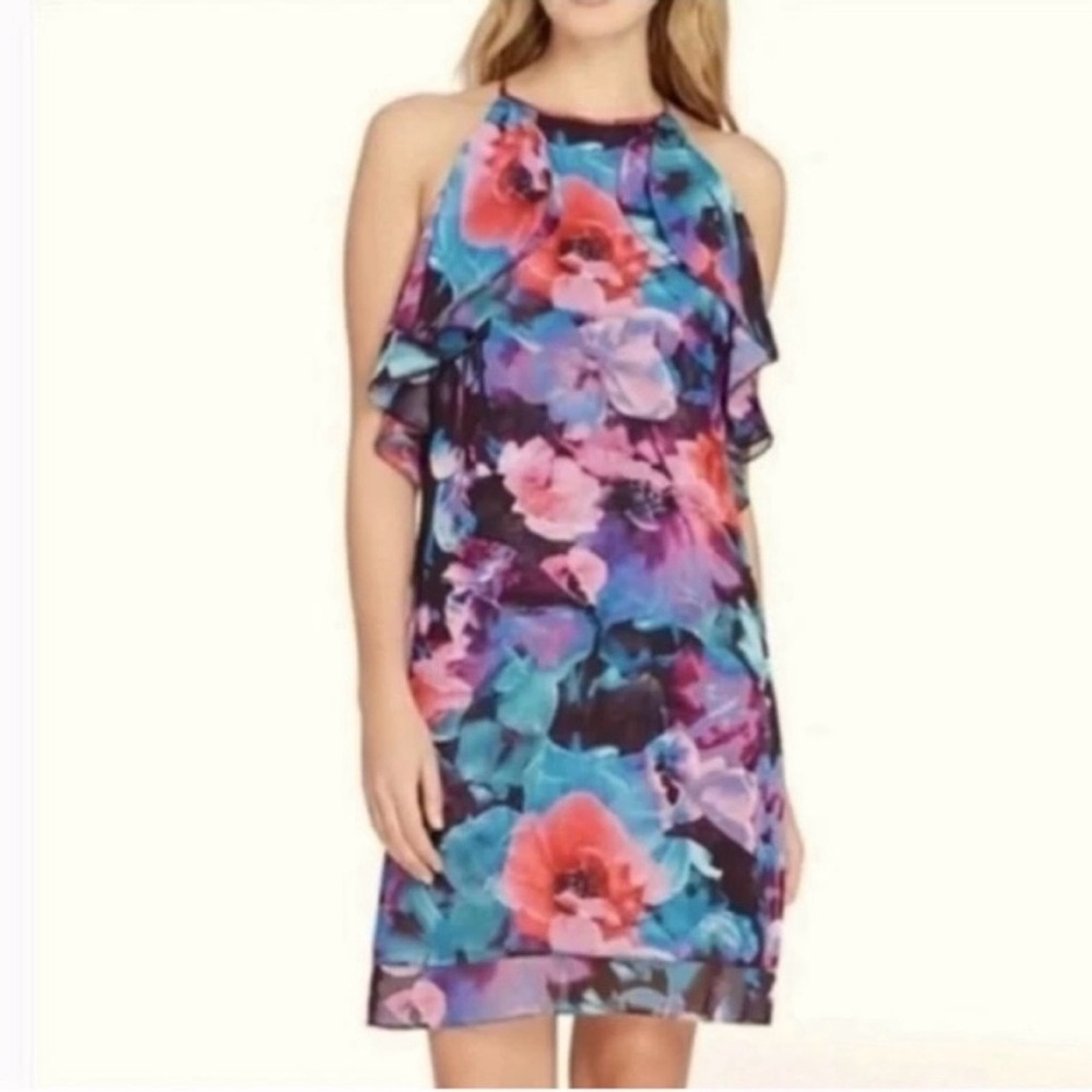 🩷💙 NWT! Blue, Pink, and Black TAHARI ARTHUR S.
LEVINE Floral Dress - Size 8
